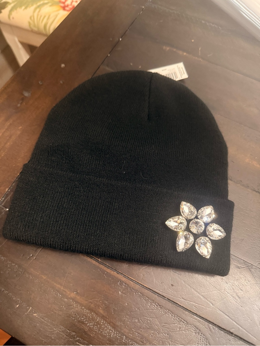Black Beanie Hat with Crystal Flower Accent - Women Accessories